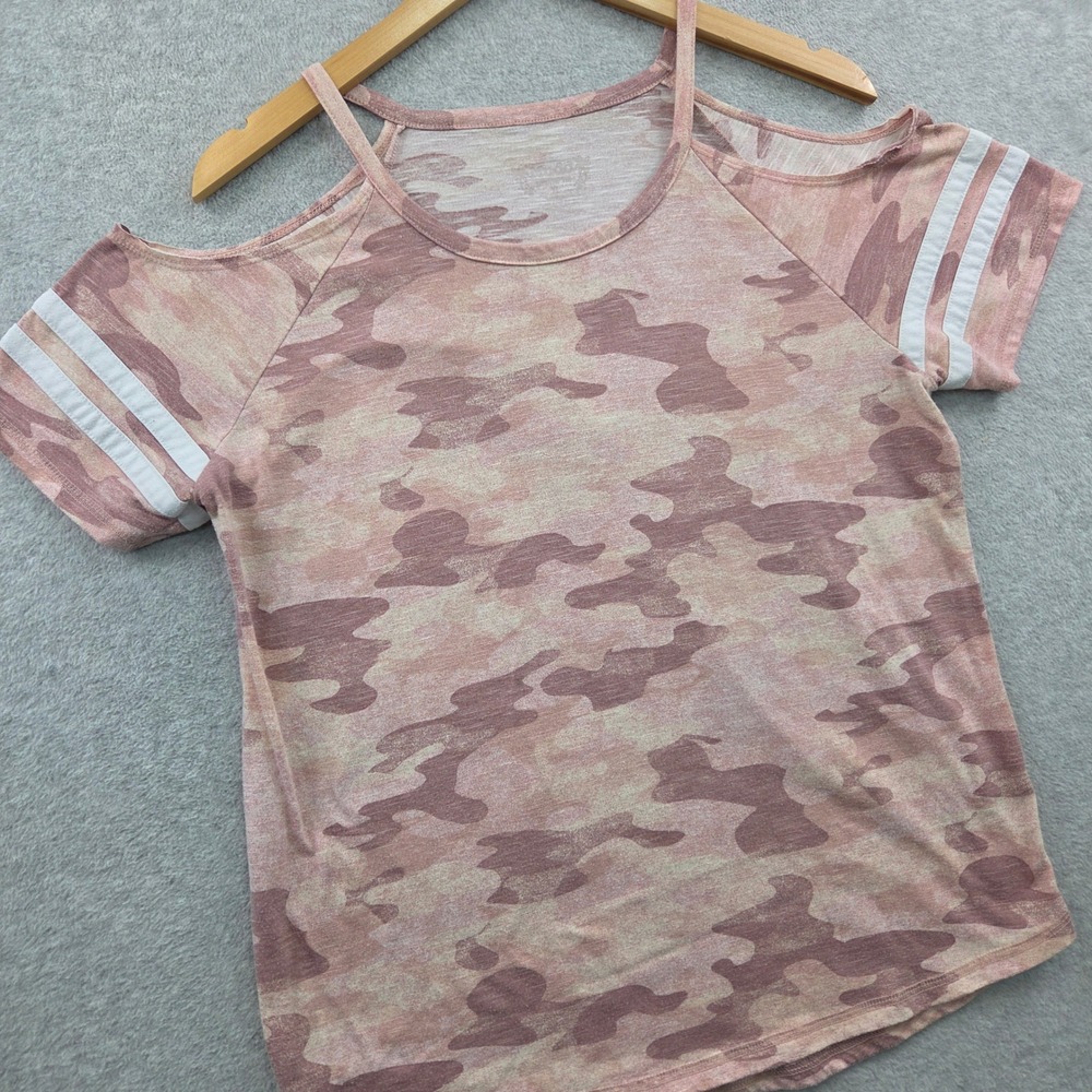 Retro Varsity MUDD Dreamy Cold Shoulder T-Shirt Women XL Pink CAMO STRETCH Top